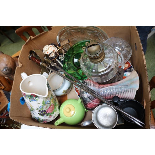 192 - 2 Boxes of assorted Ceramics and glassware to include Oil Lamp with cast iron base, Brentleigh ware,... 