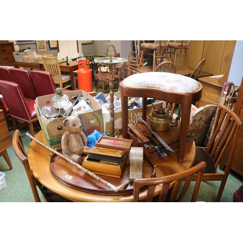 193 - Edwardian Oval Inlaid Tea tray, Mantel clock, Bamboo walking cane and assorted bygones