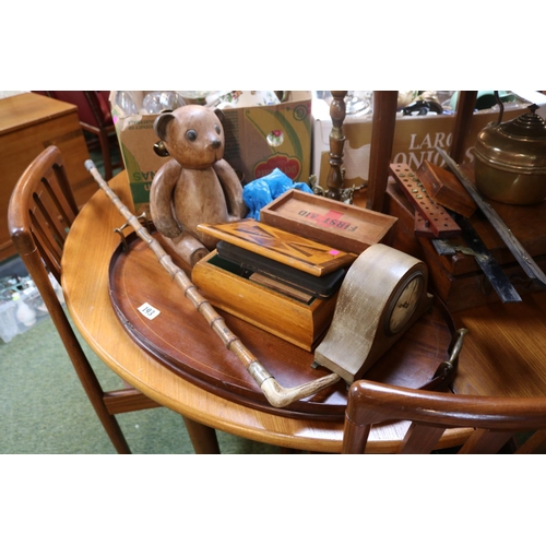 193 - Edwardian Oval Inlaid Tea tray, Mantel clock, Bamboo walking cane and assorted bygones