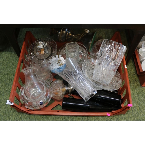 196 - Tray of assorted Glassware to include Stuart Fruit Bowl, Oil Lamps, Antique Wine bottles etc