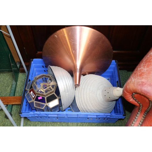 210 - Danish Copper Lamp, 2 Vintage Aluminium Lamps and a Leaded glass ceiling light