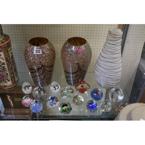 222 - Collection of glassware to include Pair of Marbled glass Vases, White Modernist Vase and a collectio... 