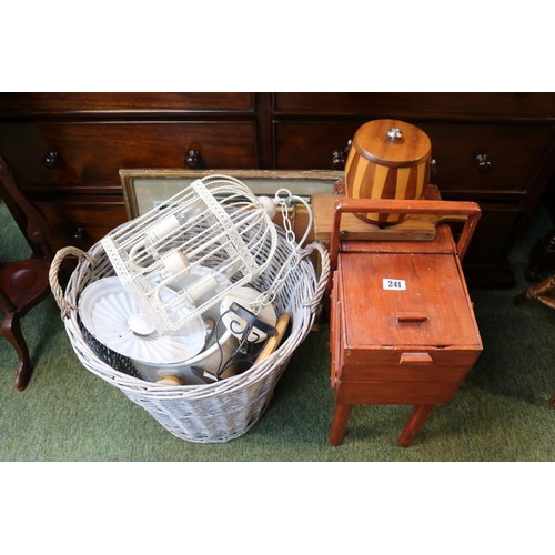 241 - Collection of Bygones to include Cantilever sewing box, Wicker basket with assorted bygones etc