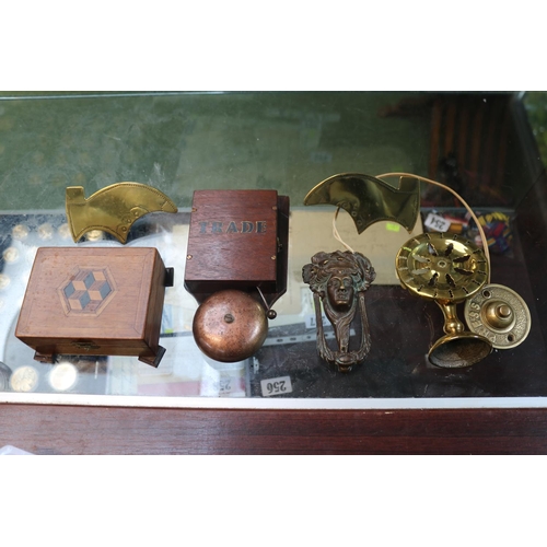 253 - Box of small collectables to include Trade Butler Bell, Art Nouveau Door knocker, Parquetry Inlaid B... 