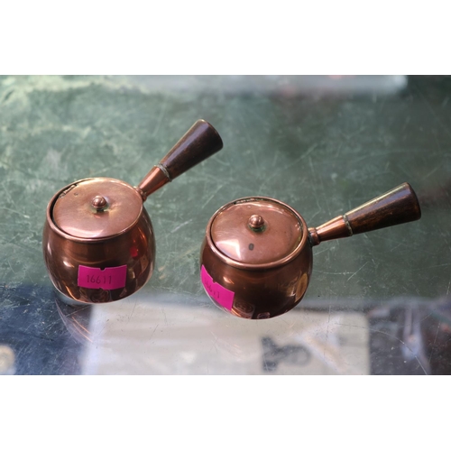 264 - 2 Copper Inkwells modelled as cooking pans with wooden tapering handles. 4.5cm in Height