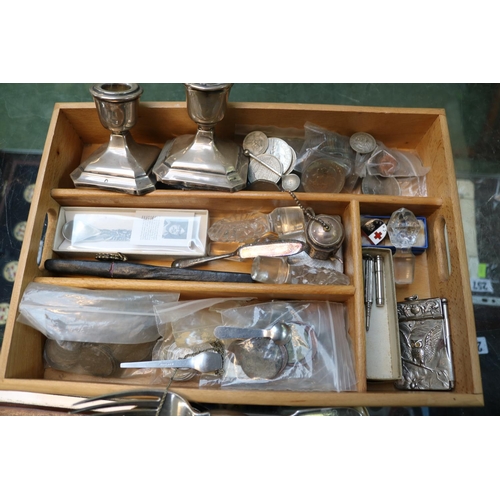 273 - Tray of assorted Silver plated Flatware, Pair of White metal squat candlesticks, Propelling Pencil, ... 