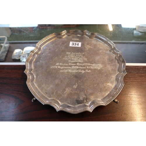 Silver Salver on stepped feet with dedication from Vitality Bulbs Limited Sheffield 1969. 770g total weight