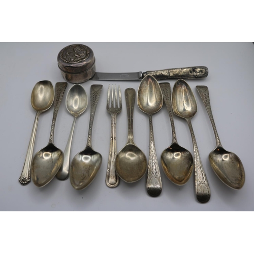 361 - Collection of assorted Silver Flatware and a Silver figural embossed pill pot 190g total weight