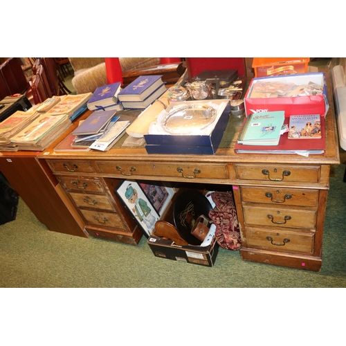 379 - Oak Green Leather topped Pedestal desk with brass drop handles