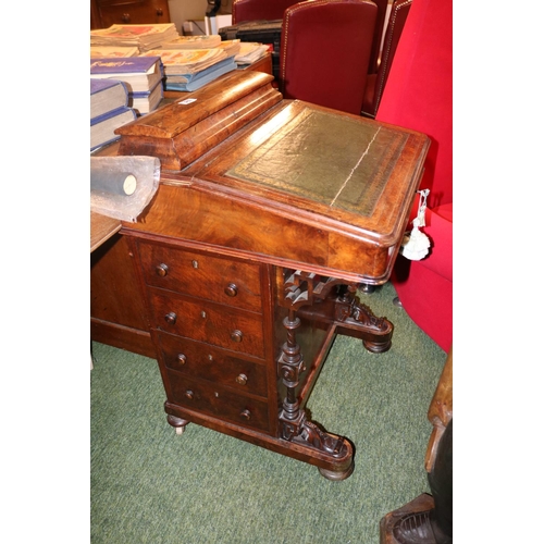 381 - Victorian Mahogany & Walnut Inlaid Davenport with green leather top and matching key