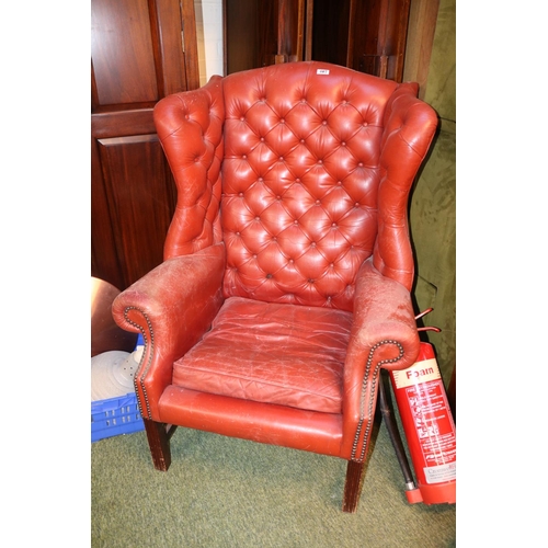 407 - Red Leather Chesterfield Button back Elbow chair on straight supports