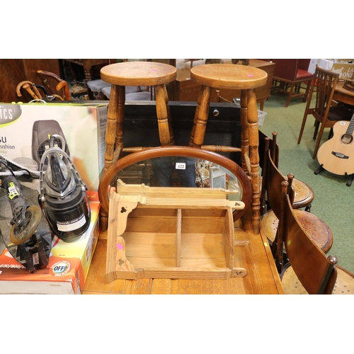 422 - Oval Mahogany mirror, Pine Corner wall shelf and a Pair of stools