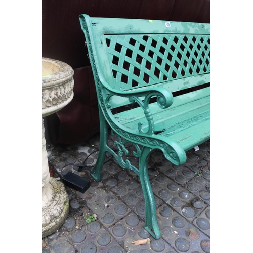 451 - Green Painted slatted bench with lattice metal back