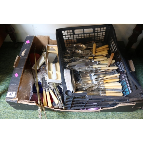 67 - Box of assorted 19thC and later Silver plated Flatware and bygones to include Lincoln Imp toasting f... 