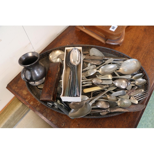 68 - Silver plated Galleried oval tray with assorted Silver plated flatware and a Brickhurst Tankard