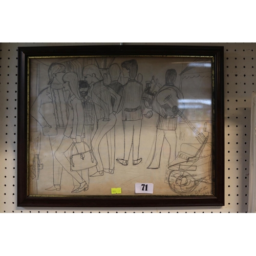 71 - Framed 1960s Pencil Sketch of Mods at Brighton signed GRE dated 1964