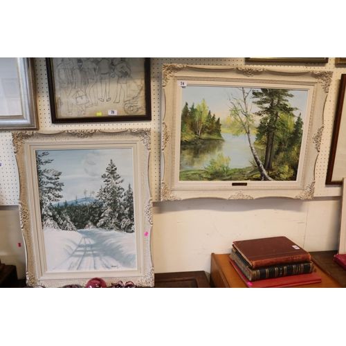 74 - Framed Oil on board of a lake scene signed M K Roth and a Oil on board of a Winter scene signed Doep... 