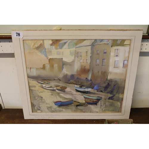 78 - Unframed Goache 'Polperro Harbour, Low Tide' by W Billingham 42 x 34cm