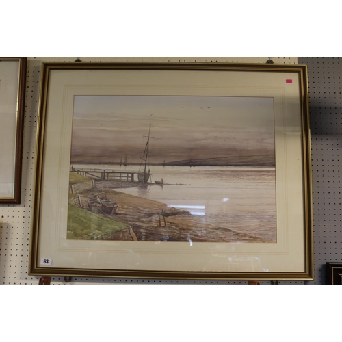 83 - Large Framed Watercolour of a Estuary scene at Low tide by Geoffrey Lockey