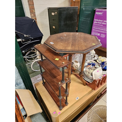 400 - Oak Octagonal window table on reeded shaped legs over cruciform support and a Small collectors shelf... 