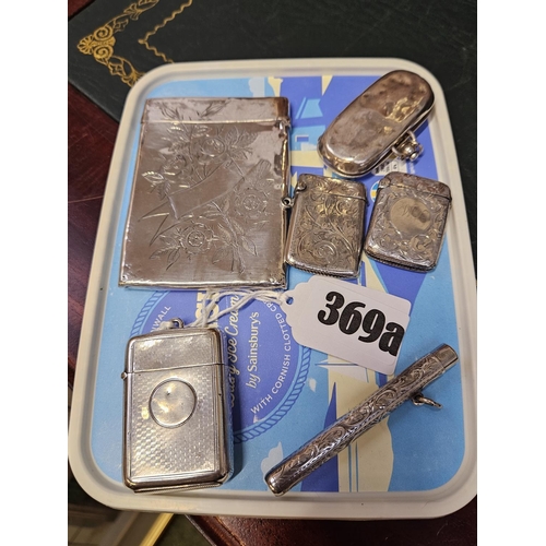 369A - Edwardian Silver Travelling card case, 3 Silver match Vestas and a Engraved Silver Pencil holder 165... 