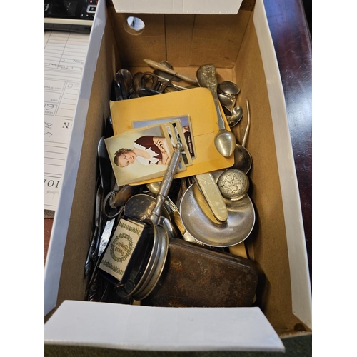 369Q - Box of assorted Small Silver plated Flatware and bygones to include Half Sovereign Case etc