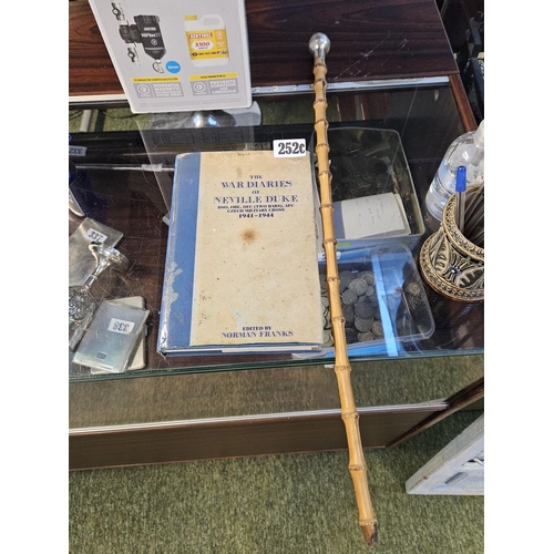 252C - The War Diaries of Neville Duke by Norman Franks and a Bamboo swagger stick with Silver knop top mon... 