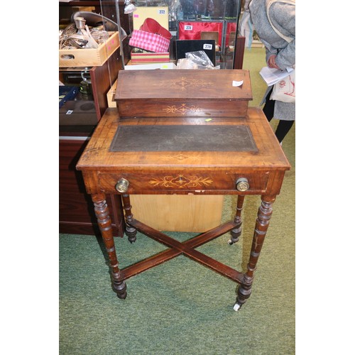 403 - Late Victorian leather topped ladies inlayed writing desk on turned legs and casters