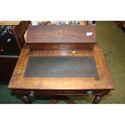 403 - Late Victorian leather topped ladies inlayed writing desk on turned legs and casters