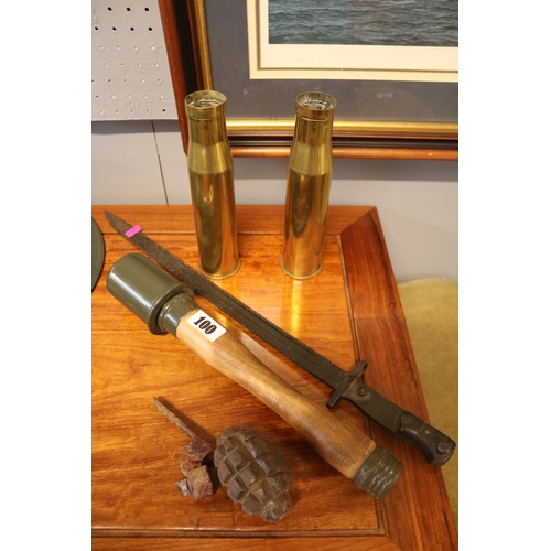 100 - Reproduction German stick Grenade, Inert Grenade, 2 Brass Shells and a Bayonet