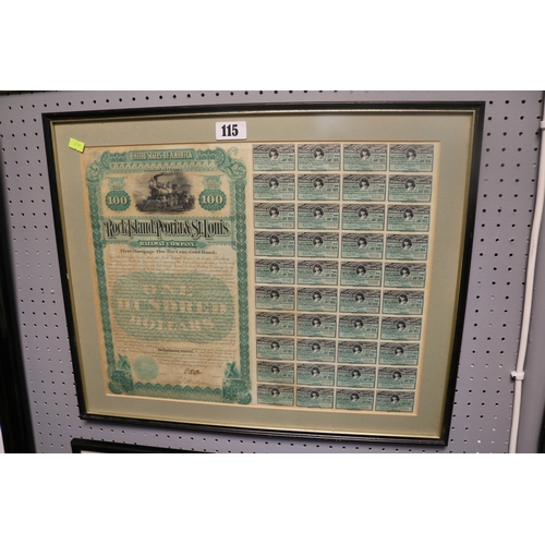 115 - Framed United States of America  Rock Island Peoria St Louis 100 Shares certificate & a Framed Stamf... 