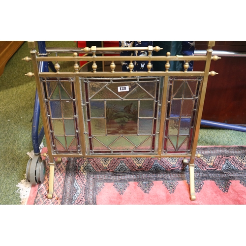 128 - Edwardian Aesthetics movement fire screen with leaded glass panels, central panel decorated with Mal... 