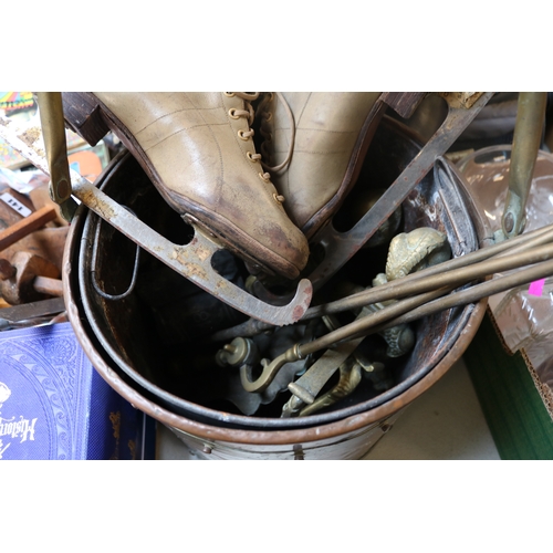 139 - Copper and Brass banded Coal Bucket, Brass Companion Set and Ice Skates