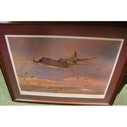 159 - 3 Military pictures to include, watercolour of Spitfire, SAS Mobile unit and a Aviation print signed