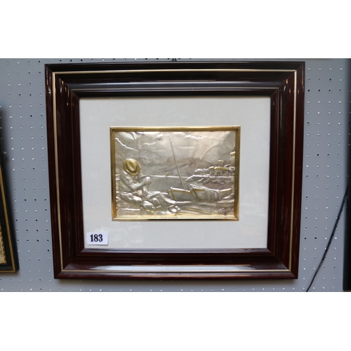 183 - Framed and mounted Silver plaque depicting a Mediterranean fisherman mending nets against shoreline ... 