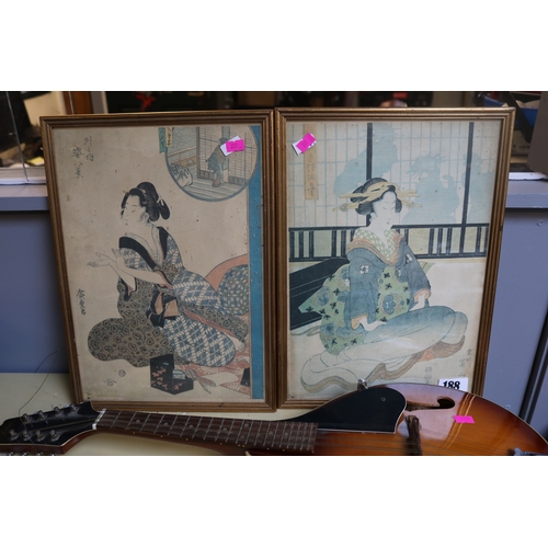 188 - Pair of Japanese Prints Depicting seated Geisha with character marks