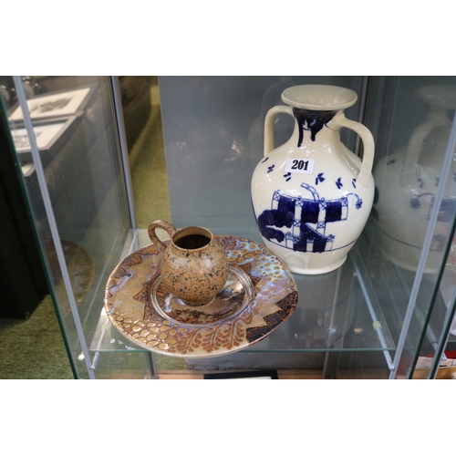 201 - John Calver Studio Pottery Plate, Studio Pottery Mug and a Two Handled Chinese design vase