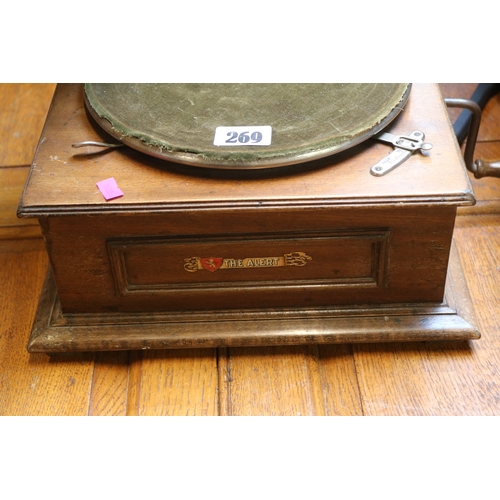 269 - The Alert Oak cased record player with Brass trumpet