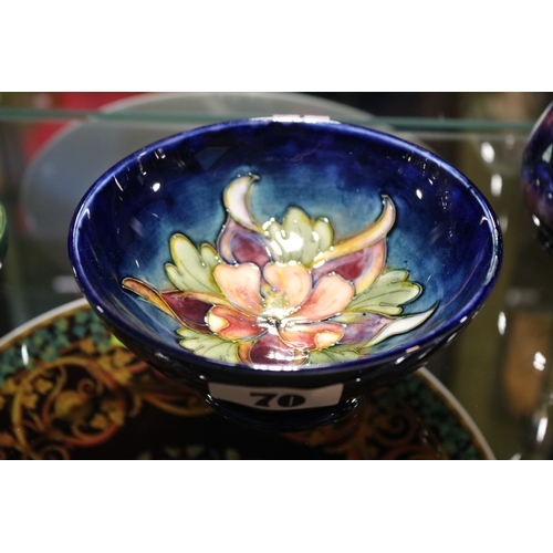 70 - Moorcroft Columbine pattern bowl with paper label to base. 14cm in Diameter