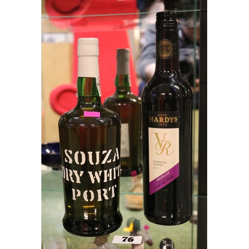 76 - Bottle of Souza Dry White Port and a bottle of Hardys Merlot