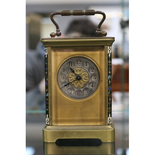 81 - Antique Champleve carriage clock with numeral dial on bracket feet