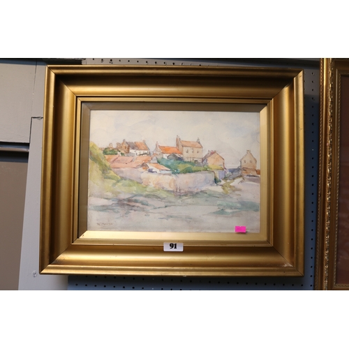 91 - Framed Watercolour of a Village scene signed W Meldrum, gilt framed and glazed