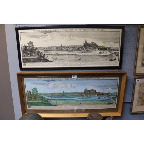 92 - Framed coloured Engraving 'South West Prospect of the City of Peterborough 1731 and a later copy