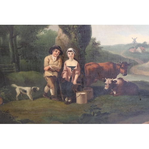 112 - 18thC Style Oil on canvas depicting a figural group in rural setting in the style of Gainsborough. 7... 