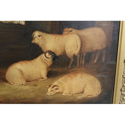 115 - 18thC Oil on canvas depicting Shepherd standing by Barn with Sheep to foreground in Barn. 59 x 48cm ... 