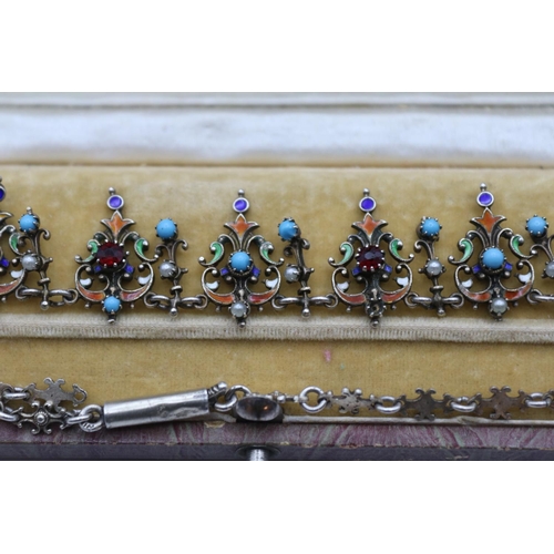 149 - Delicate Russian Silver enamelled necklace set with seed pearl, Garnet & Turquoise in Mark Maiselson... 