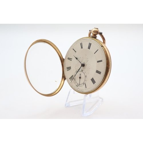 181 - Stauffer Son & Co 14K Gold cased pocket watch with enamelled roman numeral dial and engraved case. 4... 