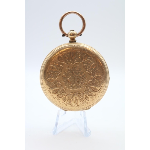 181 - Stauffer Son & Co 14K Gold cased pocket watch with enamelled roman numeral dial and engraved case. 4... 