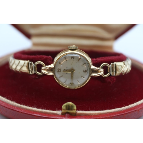 183 - Ladies Omega 9ct Gold Cocktail watch with numeral dial 19mm Case on with expanding bracelet in fitte... 