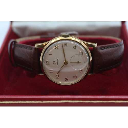 184 - Gents Omega 9ct with numeral dial on Brown Leather strap 32mm Case in fitted box